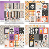 Fright Night Paper & Sticker Kit, 12x12 paper designs cover to 6 preview, showing 12x12 scrapbook paper and coordinating stickers for scrapbook layouts, photo albums, memory keeping, cards, and paper crafts. Buyer theme: Cute Halloween 12x12 Scrapbook Paper & Sticker Kit. 12x12 Fright Night Paper & Sticker Kit with 39 cute Halloween paper designs, 3x4 and 4x4 element sheets and a coordinating spooky-cute sticker sheet