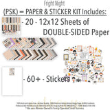 Fright Night Paper & Sticker Kit, includes image, showing 12x12 scrapbook paper and coordinating stickers for scrapbook layouts, photo albums, memory keeping, cards, and paper crafts. Buyer theme: Cute Halloween 12x12 Scrapbook Paper & Sticker Kit. 12x12 Fright Night Paper & Sticker Kit with 39 cute Halloween paper designs, 3x4 and 4x4 element sheets and a coordinating spooky-cute sticker sheet