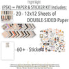 Fright Night Paper & Sticker Kit, includes image, showing 12x12 scrapbook paper and coordinating stickers for scrapbook layouts, photo albums, memory keeping, cards, and paper crafts. Buyer theme: Cute Halloween 12x12 Scrapbook Paper & Sticker Kit. 12x12 Fright Night Paper & Sticker Kit with 39 cute Halloween paper designs, 3x4 and 4x4 element sheets and a coordinating spooky-cute sticker sheet