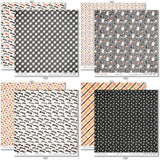 Fright Night Paper & Sticker Kit, paper & sticker kit paper patterns 15 through 22 preview, showing 12x12 scrapbook paper and coordinating stickers for scrapbook layouts, photo albums, memory keeping, cards, and paper crafts. Buyer theme: Cute Halloween 12x12 Scrapbook Paper & Sticker Kit. 12x12 Fright Night Paper & Sticker Kit with 39 cute Halloween paper designs, 3x4 and 4x4 element sheets and a coordinating spooky-cute sticker sheet