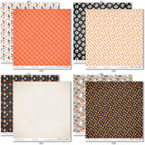 Fright Night Paper & Sticker Kit, paper & sticker kit paper patterns 23 through 30 preview, showing 12x12 scrapbook paper and coordinating stickers for scrapbook layouts, photo albums, memory keeping, cards, and paper crafts. Buyer theme: Cute Halloween 12x12 Scrapbook Paper & Sticker Kit. 12x12 Fright Night Paper & Sticker Kit with 39 cute Halloween paper designs, 3x4 and 4x4 element sheets and a coordinating spooky-cute sticker sheet