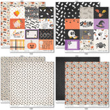 Fright Night Paper & Sticker Kit, paper & sticker kit paper patterns 7 through 14 preview, showing 12x12 scrapbook paper and coordinating stickers for scrapbook layouts, photo albums, memory keeping, cards, and paper crafts. Buyer theme: Cute Halloween 12x12 Scrapbook Paper & Sticker Kit. 12x12 Fright Night Paper & Sticker Kit with 39 cute Halloween paper designs, 3x4 and 4x4 element sheets and a coordinating spooky-cute sticker sheet