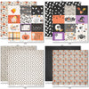 Fright Night Paper & Sticker Kit, paper & sticker kit paper patterns 7 through 14 preview, showing 12x12 scrapbook paper and coordinating stickers for scrapbook layouts, photo albums, memory keeping, cards, and paper crafts. Buyer theme: Cute Halloween 12x12 Scrapbook Paper & Sticker Kit. 12x12 Fright Night Paper & Sticker Kit with 39 cute Halloween paper designs, 3x4 and 4x4 element sheets and a coordinating spooky-cute sticker sheet