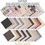 Fright Night Paper & Sticker Kit, paper and sticker kit spread out image, showing 12x12 scrapbook paper and coordinating stickers for scrapbook layouts, photo albums, memory keeping, cards, and paper crafts. Buyer theme: Cute Halloween 12x12 Scrapbook Paper & Sticker Kit. 12x12 Fright Night Paper & Sticker Kit with 39 cute Halloween paper designs, 3x4 and 4x4 element sheets and a coordinating spooky-cute sticker sheet