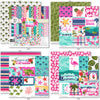 Fun in the Sun Paper & Sticker Kit, 12x12 paper designs cover to 6 preview, showing 12x12 scrapbook paper and coordinating stickers for scrapbook layouts, photo albums, memory keeping, cards, and paper crafts. Buyer theme: Tropical Vacation Scrapbook Paper & Sticker Kit. Fun in the Sun Paper & Sticker Kit with tropical flowers, palms, dolphins, sea turtles, flamingos, birds, starfish, beach titles and bright coordinating patterns