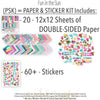 Fun in the Sun Paper & Sticker Kit, includes image, showing 12x12 scrapbook paper and coordinating stickers for scrapbook layouts, photo albums, memory keeping, cards, and paper crafts. Buyer theme: Tropical Vacation Scrapbook Paper & Sticker Kit. Fun in the Sun Paper & Sticker Kit with tropical flowers, palms, dolphins, sea turtles, flamingos, birds, starfish, beach titles and bright coordinating patterns. Designed for Ocean adventure memory pages, Summer card making, Mini albums