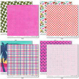 Fun in the Sun Paper & Sticker Kit, paper & sticker kit paper patterns 15 through 22 preview, showing 12x12 scrapbook paper and coordinating stickers for scrapbook layouts, photo albums, memory keeping, cards, and paper crafts. Buyer theme: Tropical Vacation Scrapbook Paper & Sticker Kit. Fun in the Sun Paper & Sticker Kit with tropical flowers, palms, dolphins, sea turtles, flamingos, birds, starfish, beach titles and bright coordinating patterns