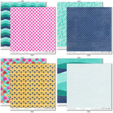 Fun in the Sun Paper & Sticker Kit, paper & sticker kit paper patterns 23 through 30 preview, showing 12x12 scrapbook paper and coordinating stickers for scrapbook layouts, photo albums, memory keeping, cards, and paper crafts. Buyer theme: Tropical Vacation Scrapbook Paper & Sticker Kit. Fun in the Sun Paper & Sticker Kit with tropical flowers, palms, dolphins, sea turtles, flamingos, birds, starfish, beach titles and bright coordinating patterns