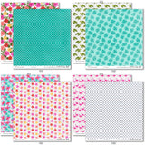 Fun in the Sun Paper & Sticker Kit, paper & sticker kit paper patterns 31 through 38 preview, showing 12x12 scrapbook paper and coordinating stickers for scrapbook layouts, photo albums, memory keeping, cards, and paper crafts. Buyer theme: Tropical Vacation Scrapbook Paper & Sticker Kit. Fun in the Sun Paper & Sticker Kit with tropical flowers, palms, dolphins, sea turtles, flamingos, birds, starfish, beach titles and bright coordinating patterns