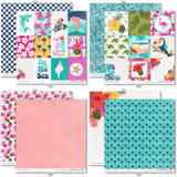 Fun in the Sun Paper & Sticker Kit, paper & sticker kit paper patterns 7 through 14 preview, showing 12x12 scrapbook paper and coordinating stickers for scrapbook layouts, photo albums, memory keeping, cards, and paper crafts. Buyer theme: Tropical Vacation Scrapbook Paper & Sticker Kit. Fun in the Sun Paper & Sticker Kit with tropical flowers, palms, dolphins, sea turtles, flamingos, birds, starfish, beach titles and bright coordinating patterns