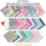 Fun in the Sun Paper & Sticker Kit, paper and sticker kit spread out image, showing 12x12 scrapbook paper and coordinating stickers for scrapbook layouts, photo albums, memory keeping, cards, and paper crafts. Buyer theme: Tropical Vacation Scrapbook Paper & Sticker Kit. Fun in the Sun Paper & Sticker Kit with tropical flowers, palms, dolphins, sea turtles, flamingos, birds, starfish, beach titles and bright coordinating patterns. Designed for Mini albums, Travel journals, Junk journals