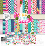 Fun in the Sun Paper & Sticker Kit, high resolution cover image, showing 12x12 scrapbook paper and coordinating stickers for scrapbook layouts, photo albums, memory keeping, cards, and paper crafts. Buyer theme: Tropical Vacation Scrapbook Paper & Sticker Kit. Fun in the Sun Paper & Sticker Kit with tropical flowers, palms, dolphins, sea turtles, flamingos, birds, starfish, beach titles and bright coordinating patterns