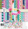 Fun in the Sun Paper & Sticker Kit, high resolution cover image, showing 12x12 scrapbook paper and coordinating stickers for scrapbook layouts, photo albums, memory keeping, cards, and paper crafts. Buyer theme: Tropical Vacation Scrapbook Paper & Sticker Kit. Fun in the Sun Paper & Sticker Kit with tropical flowers, palms, dolphins, sea turtles, flamingos, birds, starfish, beach titles and bright coordinating patterns