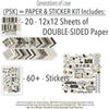 Generations of Love Paper & Sticker Kit, includes image, showing 12x12 scrapbook paper and coordinating stickers for scrapbook layouts, photo albums, memory keeping, cards, and paper crafts. Buyer theme: Genealogy Scrapbook Paper & Sticker Kit. Generations of Love Paper & Sticker Kit with vintage family heritage papers, relationship titles, florals, birds, butterflies, cut-apart cards and coordinating stickers. Coordinating patterns include Polka dots, Pinstripes, Diamond lattice