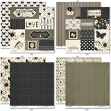 Generations of Love Monthly Subscription Box - Premium + 6x6. paper patterns 7 through 14 preview showing coordinating designs, artwork, and colors. coordinating scrapbook bundle with 12x12 paper, 6x6 paper, cardstock, die cuts, and stickers. featuring vintage labels and postage-style squares, charcoal polka dots, cream. for journals.
