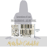 Generations of Love Paper & Sticker Kit, size guide image, showing 12x12 scrapbook paper and coordinating stickers for scrapbook layouts, photo albums, memory keeping, cards, and paper crafts. Buyer theme: Genealogy Scrapbook Paper & Sticker Kit. Generations of Love Paper & Sticker Kit with vintage family heritage papers, relationship titles, florals, birds, butterflies, cut-apart cards and coordinating stickers. Coordinating patterns include Pinstripes, Diamond lattice, Floral argyle