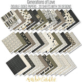Generations of Love Monthly Subscription Box - Premium + 6x6. paper and sticker kit spread out with 12x12 papers, sticker sheet, family titles, birds, butterflies, florals, frames, and coordinating elements. coordinating scrapbook bundle with 12x12 paper, 6x6 paper, cardstock, die cuts, and stickers. featuring birds on leafy branches, black botanical paper, ivory. for heritage albums.