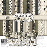 Generations of Love Monthly Subscription Box - Premium + 6x6. square product cover showing the Generations of Love title, vintage family papers, florals, birds, butterflies, and neutral palette. 12x12 paper and sticker kit with coordinating double-sided papers, family title stickers, florals, birds, butterflies, frames, and neutral heritage patterns. featuring birds on leafy branches, black botanical paper, ivory. for heritage albums.