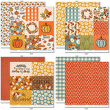 Give Thanks Bundle, bundle paper patterns 7 through 14 preview, showing complete coordinated paper craft set with 12x12 papers, 6x6 papers, cardstock, die cuts, and stickers for layouts, cards, albums, journals, and keepsakes. Buyer theme: Complete Thanksgiving Scrapbook Bundle. Give Thanks complete Thanksgiving scrapbook bundle with 12x12 paper, 6x6 paper, coordinating cardstock, die cuts and stickers