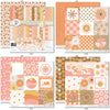 Groovy Paper & Sticker Kit, 12x12 paper designs cover to 6 preview, showing 12x12 scrapbook paper and coordinating stickers for scrapbook layouts, photo albums, memory keeping, cards, and paper crafts. Buyer theme: Retro Summer & 70s Scrapbook Paper & Sticker Kit. Groovy Paper & Sticker Kit with smiling daisies, sunshine, palm trees, smiley faces, retro florals, checkerboards and warm coral, peach, yellow, pink and brown patterns