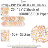 Groovy Paper & Sticker Kit, includes image, showing 12x12 scrapbook paper and coordinating stickers for scrapbook layouts, photo albums, memory keeping, cards, and paper crafts. Buyer theme: Retro Summer & 70s Scrapbook Paper & Sticker Kit. Groovy Paper & Sticker Kit with smiling daisies, sunshine, palm trees, smiley faces, retro florals, checkerboards and warm coral, peach, yellow, pink and brown patterns. Designed for Sunny summer memory pages, Card making, Mini albums