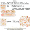 Groovy Paper & Sticker Kit, includes image, showing 12x12 scrapbook paper and coordinating stickers for scrapbook layouts, photo albums, memory keeping, cards, and paper crafts. Buyer theme: Retro Summer & 70s Scrapbook Paper & Sticker Kit. Groovy Paper & Sticker Kit with smiling daisies, sunshine, palm trees, smiley faces, retro florals, checkerboards and warm coral, peach, yellow, pink and brown patterns. Designed for Sunny summer memory pages, Card making, Mini albums