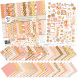 Groovy Paper & Sticker Kit, main product image, showing 12x12 scrapbook paper and coordinating stickers for scrapbook layouts, photo albums, memory keeping, cards, and paper crafts. Buyer theme: Retro Summer & 70s Scrapbook Paper & Sticker Kit. Groovy Paper & Sticker Kit with smiling daisies, sunshine, palm trees, smiley faces, retro florals, checkerboards and warm coral, peach, yellow, pink and brown patterns