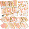 Groovy Paper & Sticker Kit, main product image, showing 12x12 scrapbook paper and coordinating stickers for scrapbook layouts, photo albums, memory keeping, cards, and paper crafts. Buyer theme: Retro Summer & 70s Scrapbook Paper & Sticker Kit. Groovy Paper & Sticker Kit with smiling daisies, sunshine, palm trees, smiley faces, retro florals, checkerboards and warm coral, peach, yellow, pink and brown patterns