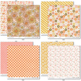Groovy Paper & Sticker Kit, paper & sticker kit paper patterns 15 through 22 preview, showing 12x12 scrapbook paper and coordinating stickers for scrapbook layouts, photo albums, memory keeping, cards, and paper crafts. Buyer theme: Retro Summer & 70s Scrapbook Paper & Sticker Kit. Groovy Paper & Sticker Kit with smiling daisies, sunshine, palm trees, smiley faces, retro florals, checkerboards and warm coral, peach, yellow, pink and brown patterns