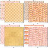 Groovy Paper & Sticker Kit, paper & sticker kit paper patterns 23 through 30 preview, showing 12x12 scrapbook paper and coordinating stickers for scrapbook layouts, photo albums, memory keeping, cards, and paper crafts. Buyer theme: Retro Summer & 70s Scrapbook Paper & Sticker Kit. Groovy Paper & Sticker Kit with smiling daisies, sunshine, palm trees, smiley faces, retro florals, checkerboards and warm coral, peach, yellow, pink and brown patterns