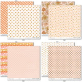 Groovy Paper & Sticker Kit, paper & sticker kit paper patterns 31 through 38 preview, showing 12x12 scrapbook paper and coordinating stickers for scrapbook layouts, photo albums, memory keeping, cards, and paper crafts. Buyer theme: Retro Summer & 70s Scrapbook Paper & Sticker Kit. Groovy Paper & Sticker Kit with smiling daisies, sunshine, palm trees, smiley faces, retro florals, checkerboards and warm coral, peach, yellow, pink and brown patterns