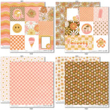 Groovy Paper & Sticker Kit, paper & sticker kit paper patterns 7 through 14 preview, showing 12x12 scrapbook paper and coordinating stickers for scrapbook layouts, photo albums, memory keeping, cards, and paper crafts. Buyer theme: Retro Summer & 70s Scrapbook Paper & Sticker Kit. Groovy Paper & Sticker Kit with smiling daisies, sunshine, palm trees, smiley faces, retro florals, checkerboards and warm coral, peach, yellow, pink and brown patterns