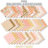 Groovy Paper & Sticker Kit, paper and sticker kit spread out image, showing 12x12 scrapbook paper and coordinating stickers for scrapbook layouts, photo albums, memory keeping, cards, and paper crafts. Buyer theme: Retro Summer & 70s Scrapbook Paper & Sticker Kit. Groovy Paper & Sticker Kit with smiling daisies, sunshine, palm trees, smiley faces, retro florals, checkerboards and warm coral, peach, yellow, pink and brown patterns