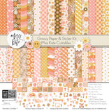 Groovy Paper & Sticker Kit, high resolution cover image, showing 12x12 scrapbook paper and coordinating stickers for scrapbook layouts, photo albums, memory keeping, cards, and paper crafts. Buyer theme: Retro Summer & 70s Scrapbook Paper & Sticker Kit. Groovy Paper & Sticker Kit with smiling daisies, sunshine, palm trees, smiley faces, retro florals, checkerboards and warm coral, peach, yellow, pink and brown patterns. Designed for Vacation photo albums, Sunny summer memory pages, Card making