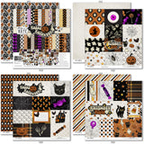 Happy Halloween Paper & Sticker Kit, 12x12 paper designs cover to 6 preview, showing 12x12 scrapbook paper and coordinating stickers for scrapbook layouts, photo albums, memory keeping, cards, and paper crafts. Buyer theme: Vintage Halloween Paper & Sticker Kit. 12x12 Happy Halloween Paper & Sticker Kit with 39 vintage Halloween paper designs, 3x4 and 4x6 element sheets and a coordinating retro spooky sticker sheet