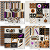 Happy Halloween Paper & Sticker Kit, 12x12 paper designs cover to 6 preview, showing 12x12 scrapbook paper and coordinating stickers for scrapbook layouts, photo albums, memory keeping, cards, and paper crafts. Buyer theme: Vintage Halloween Paper & Sticker Kit. 12x12 Happy Halloween Paper & Sticker Kit with 39 vintage Halloween paper designs, 3x4 and 4x6 element sheets and a coordinating retro spooky sticker sheet
