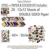 Happy Halloween Paper & Sticker Kit, includes image, showing 12x12 scrapbook paper and coordinating stickers for scrapbook layouts, photo albums, memory keeping, cards, and paper crafts. Buyer theme: Vintage Halloween Paper & Sticker Kit. 12x12 Happy Halloween Paper & Sticker Kit with 39 vintage Halloween paper designs, 3x4 and 4x6 element sheets and a coordinating retro spooky sticker sheet. Useful for documenting photographs, celebrations, milestones, everyday moments, and favorite memories