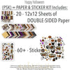 Happy Halloween Paper & Sticker Kit, includes image, showing 12x12 scrapbook paper and coordinating stickers for scrapbook layouts, photo albums, memory keeping, cards, and paper crafts. Buyer theme: Vintage Halloween Paper & Sticker Kit. 12x12 Happy Halloween Paper & Sticker Kit with 39 vintage Halloween paper designs, 3x4 and 4x6 element sheets and a coordinating retro spooky sticker sheet. Useful for documenting photographs, celebrations, milestones, everyday moments, and favorite memories