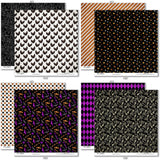 Happy Halloween Collection, collection paper patterns 23 through 30 preview, showing coordinated Paper & Sticker Kit, full-size Die Cuts, and Sticker Sheet for scrapbook layouts, memory albums, cards, journals, and keepsakes. Buyer theme: Coordinated Vintage Halloween Collection. Happy Halloween coordinated scrapbook collection with 12x12 paper, stickers and die-cut Halloween embellishments
