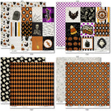 Happy Halloween Bundle, bundle paper patterns 7 through 14 preview, showing complete coordinated paper craft set with 12x12 papers, 6x6 papers, cardstock, die cuts, and stickers for layouts, cards, albums, journals, and keepsakes. Buyer theme: Complete Vintage Halloween Scrapbook Bundle. Happy Halloween complete scrapbook bundle with 12x12 paper, 6x6 paper, coordinating cardstock, stickers and die cuts