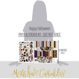 Happy Halloween Paper & Sticker Kit, size guide image, showing 12x12 scrapbook paper and coordinating stickers for scrapbook layouts, photo albums, memory keeping, cards, and paper crafts. Buyer theme: Vintage Halloween Paper & Sticker Kit. 12x12 Happy Halloween Paper & Sticker Kit with 39 vintage Halloween paper designs, 3x4 and 4x6 element sheets and a coordinating retro spooky sticker sheet. Useful for documenting photographs, celebrations, milestones, everyday moments, and favorite memories
