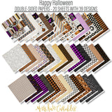 Happy Halloween Bundle, paper and sticker kit spread out image, showing complete coordinated paper craft set with 12x12 papers, 6x6 papers, cardstock, die cuts, and stickers for layouts, cards, albums, journals, and keepsakes. Buyer theme: Complete Vintage Halloween Scrapbook Bundle. Happy Halloween complete scrapbook bundle with 12x12 paper, 6x6 paper, coordinating cardstock, stickers and die cuts