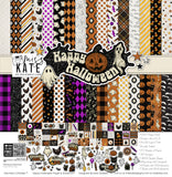 Happy Halloween Paper & Sticker Kit, high resolution cover image, showing 12x12 scrapbook paper and coordinating stickers for scrapbook layouts, photo albums, memory keeping, cards, and paper crafts. Buyer theme: Vintage Halloween Paper & Sticker Kit. 12x12 Happy Halloween Paper & Sticker Kit with 39 vintage Halloween paper designs, 3x4 and 4x6 element sheets and a coordinating retro spooky sticker sheet