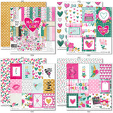 Happy Valentines Day Paper & Sticker Kit, 12x12 paper designs cover to 6 preview, showing 12x12 scrapbook paper and coordinating stickers for scrapbook layouts, photo albums, memory keeping, cards, and paper crafts. Buyer theme: Valentine 12x12 Scrapbook Paper & Stickers. 12x12 Happy Valentines Day Paper & Sticker Kit with romantic patterned papers, element cards and coordinating Valentine stickers