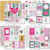 Happy Valentines Day Paper & Sticker Kit, 12x12 paper designs cover to 6 preview, showing 12x12 scrapbook paper and coordinating stickers for scrapbook layouts, photo albums, memory keeping, cards, and paper crafts. Buyer theme: Valentine 12x12 Scrapbook Paper & Stickers. 12x12 Happy Valentines Day Paper & Sticker Kit with romantic patterned papers, element cards and coordinating Valentine stickers