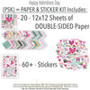 Happy Valentines Day Paper & Sticker Kit, includes image, showing 12x12 scrapbook paper and coordinating stickers for scrapbook layouts, photo albums, memory keeping, cards, and paper crafts. Buyer theme: Valentine 12x12 Scrapbook Paper & Stickers. 12x12 Happy Valentines Day Paper & Sticker Kit with romantic patterned papers, element cards and coordinating Valentine stickers. Color palette includes Hot pink, blush pink, aqua, emerald teal, mustard gold, charcoal black and white