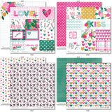 Happy Valentines Day Paper & Sticker Kit, paper & sticker kit paper patterns 7 through 14 preview, showing 12x12 scrapbook paper and coordinating stickers for scrapbook layouts, photo albums, memory keeping, cards, and paper crafts. Buyer theme: Valentine 12x12 Scrapbook Paper & Stickers. 12x12 Happy Valentines Day Paper & Sticker Kit with romantic patterned papers, element cards and coordinating Valentine stickers
