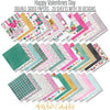 Happy Valentines Day Paper & Sticker Kit, paper and sticker kit spread out image, showing 12x12 scrapbook paper and coordinating stickers for scrapbook layouts, photo albums, memory keeping, cards, and paper crafts. Buyer theme: Valentine 12x12 Scrapbook Paper & Stickers. 12x12 Happy Valentines Day Paper & Sticker Kit with romantic patterned papers, element cards and coordinating Valentine stickers
