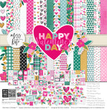 Happy Valentines Day Paper & Sticker Kit, high resolution cover image, showing 12x12 scrapbook paper and coordinating stickers for scrapbook layouts, photo albums, memory keeping, cards, and paper crafts. Buyer theme: Valentine 12x12 Scrapbook Paper & Stickers. 12x12 Happy Valentines Day Paper & Sticker Kit with romantic patterned papers, element cards and coordinating Valentine stickers. Color palette includes Hot pink, blush pink, aqua, emerald teal, mustard gold, charcoal black and white