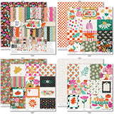 Hello Fall Paper & Sticker Kit, 12x12 paper designs cover to 6 preview, showing 12x12 scrapbook paper and coordinating stickers for scrapbook layouts, photo albums, memory keeping, cards, and paper crafts. Buyer theme: Fall & Autumn Scrapbook Paper & Sticker Kit. Hello Fall Paper & Sticker Kit with pumpkins, gourds, autumn leaves, bright florals, checkerboards, houndstooth and colorful fall phrases in orange, pink, aqua, teal, mustard, green, cream and black
